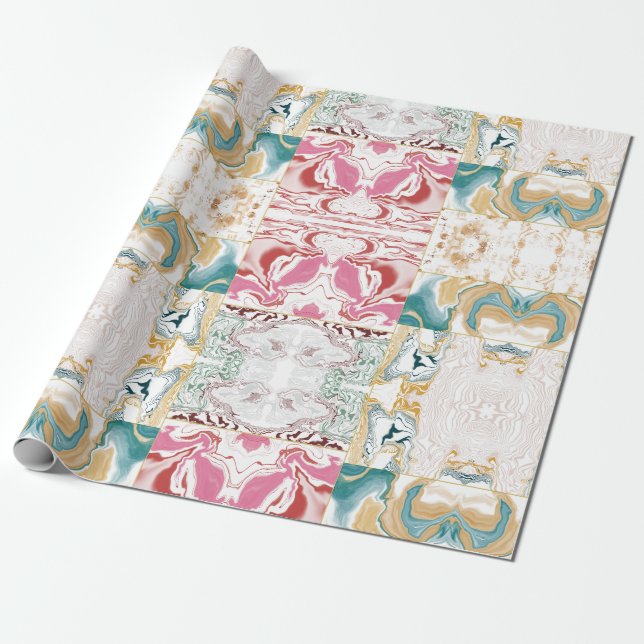 Papier Cadeau Mosaïque d'art fluide en marbre rétro sarcelle et  (Déroulé)