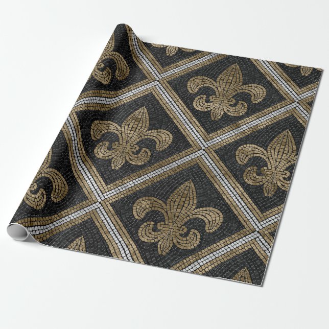 Papier Cadeau Mosaïque de fleur de lis motif noir et or (Déroulé)