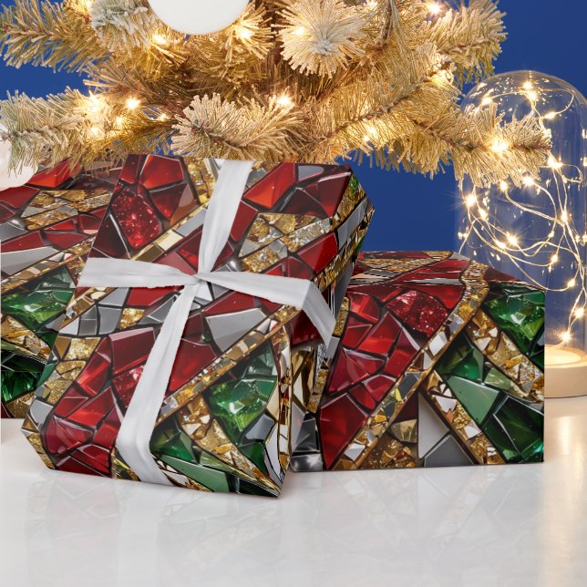Papier Cadeau Mosaïque de Noël Rouge Diamant Or Em (Vacances)