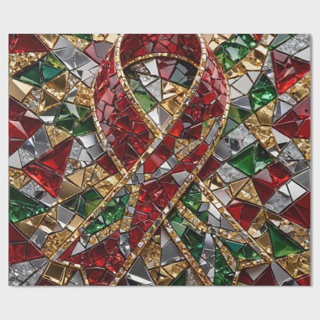 Papier Cadeau Mosaïque de Noël Rouge Diamant Or Em (Plat)