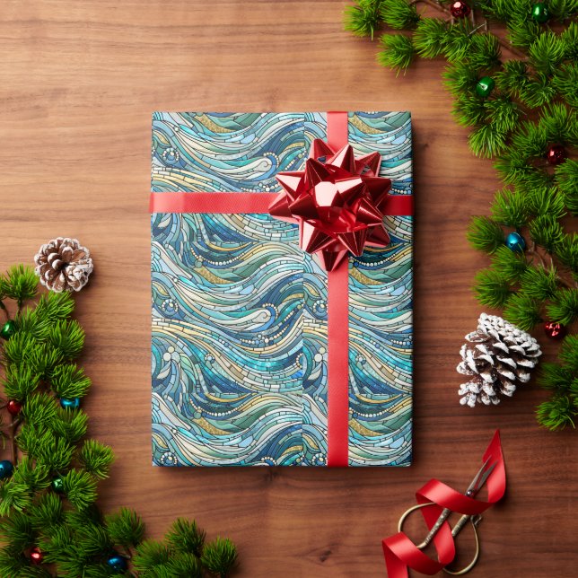 Papier Cadeau Mosaïque sarcelle de mer de vagues Beaux-Arts (Cadeau de vacances)
