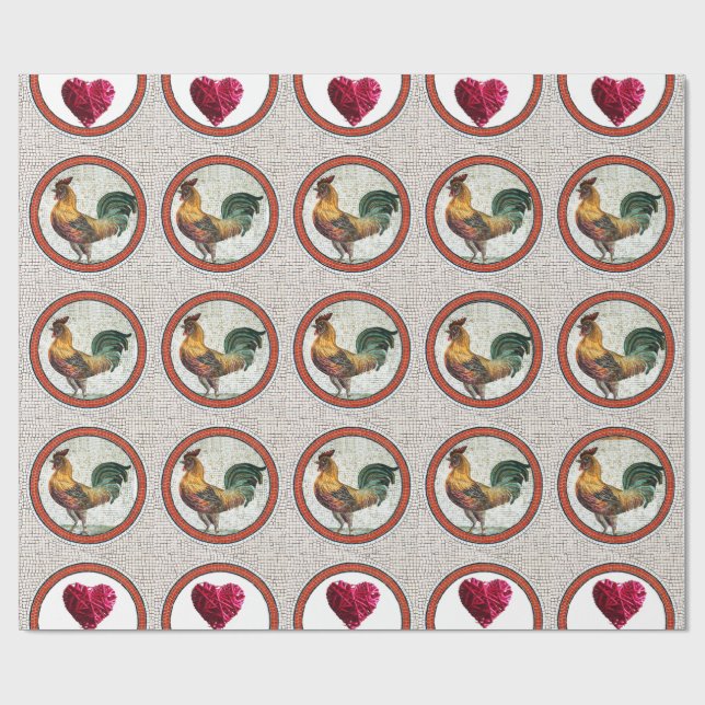 PAPIER CADEAU MOSAÏQUES ROMAINES ANTIQUE, ROOSTER, COEURS ROSE B (Plat)
