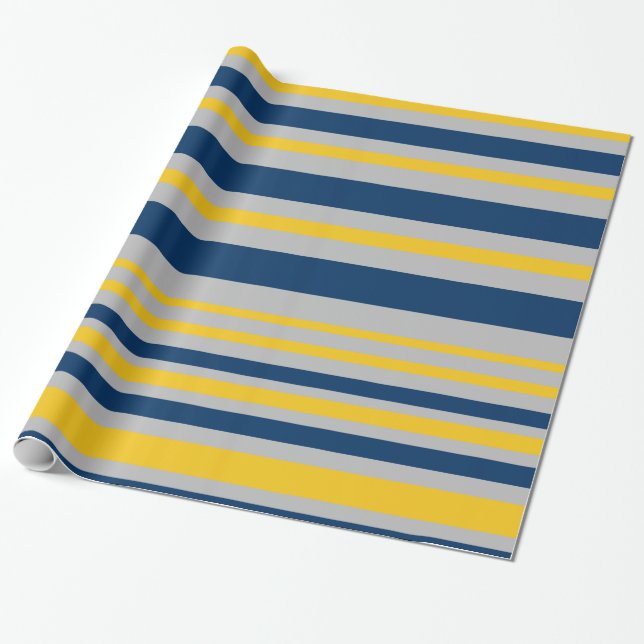 Papier Cadeau Motif à bande variable Marine bleu gris jaune (Déroulé)