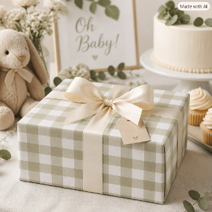 Papier Cadeau Motif à carreaux gingham vert sauge et blanc
