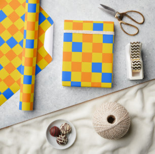 Papier Cadeau Motif à carreaux orange jaune et bleu