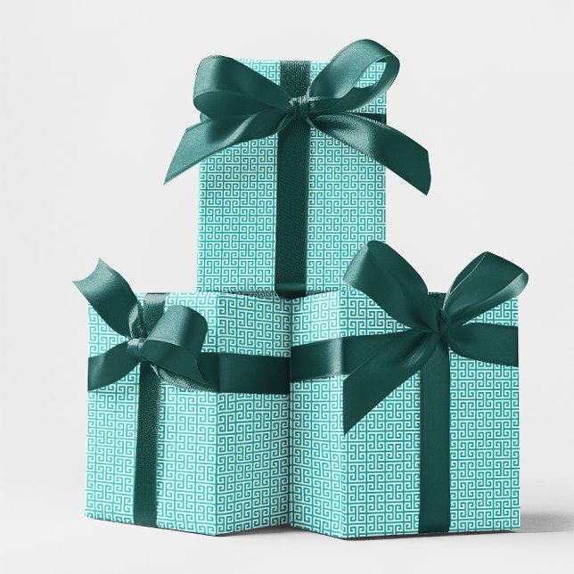Papier Cadeau Motif à clé Turquoise et blanche (Turquoise and White Greek Key Pattern Wrapping Paper)