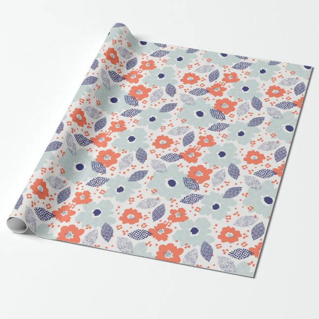 Papier Cadeau Motif à fleurs moderne orange et bleu (Déroulé)