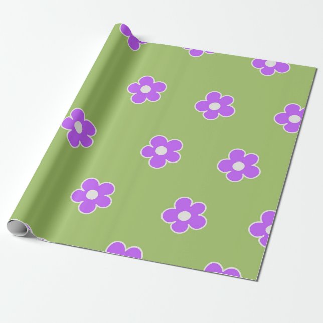 Papier Cadeau Motif à fleurs vert violet rétro Y2K (Déroulé)