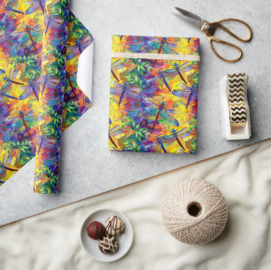 Papier Cadeau Motif à libellules lunaires avec fond vibre