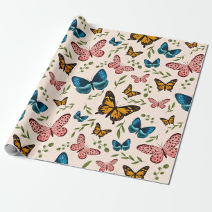 Papier Cadeau Motif à papillons géants avec Feuilles verts