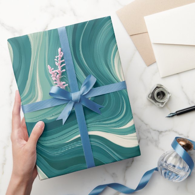 Papier Cadeau Motif Abstrait Blanc Mouvement Aqua Sarcelle (Cadeaux)
