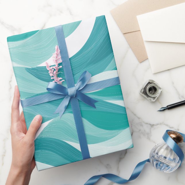 Papier Cadeau Motif Abstrait Blanc Mouvement Turquoise (Cadeaux)