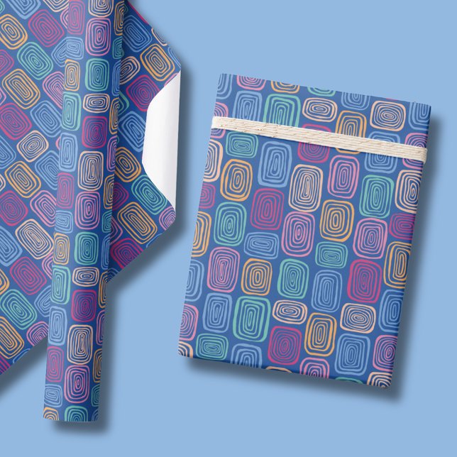 Papier Cadeau Motif abstrait bleu coloré (Modern abstract pattern wrapping paper with circular doodle design in blue)