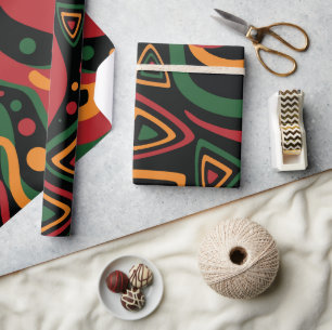Papier Cadeau Motif Abstrait de Formes Tribales en Rouge, Or, Ve