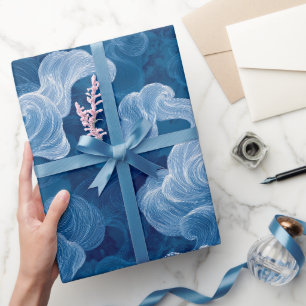 Papier Cadeau Motif Abstrait de Vague Océanique Bleu Profond et