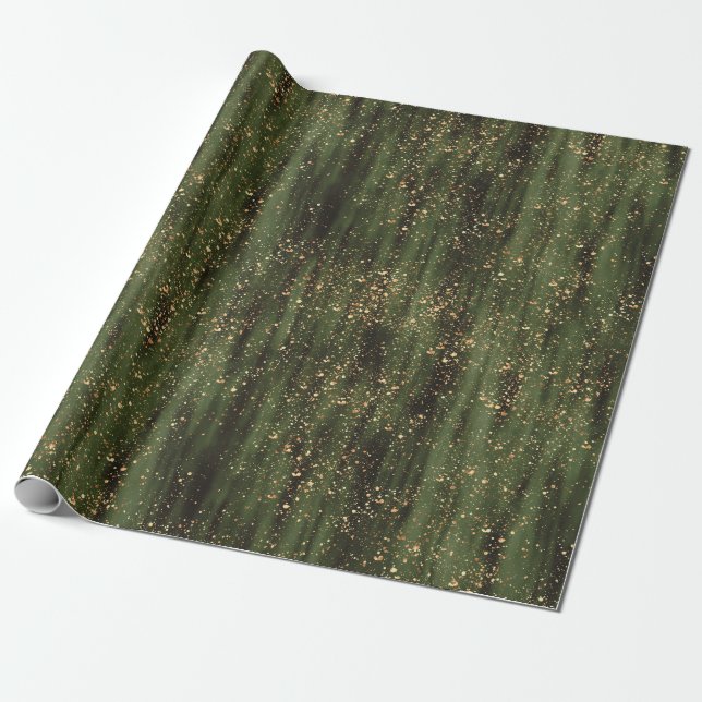 Papier Cadeau Motif Abstrait d'étincelles vert et or (Déroulé)