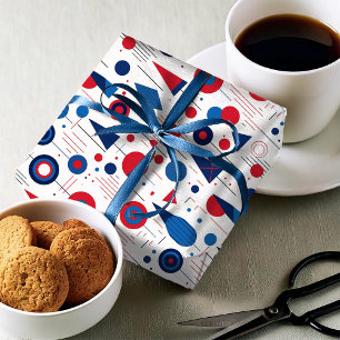Papier Cadeau Motif Abstrait Géométrique Rétro #9 Navy Rouge ID1