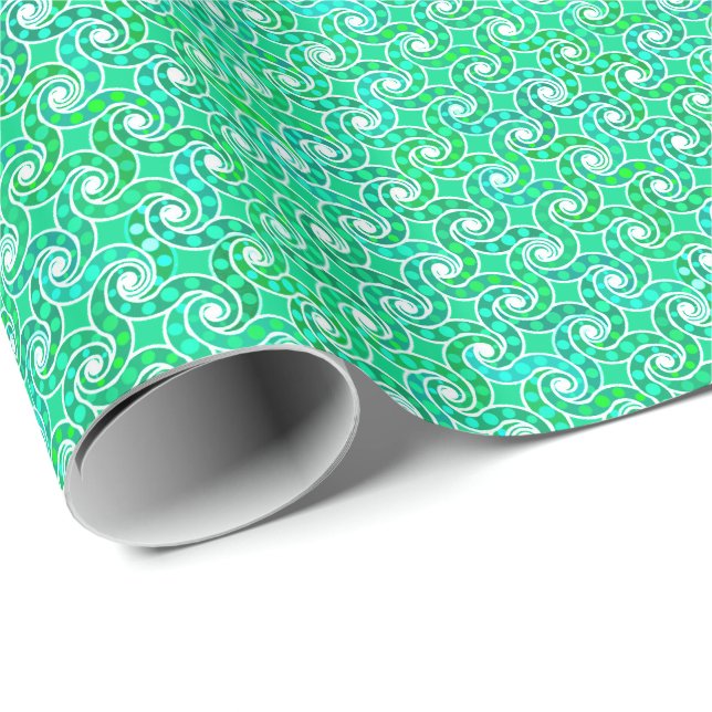 Papier Cadeau motif Abstrait tourbillon - nuances de vert jade (Coin rond)
