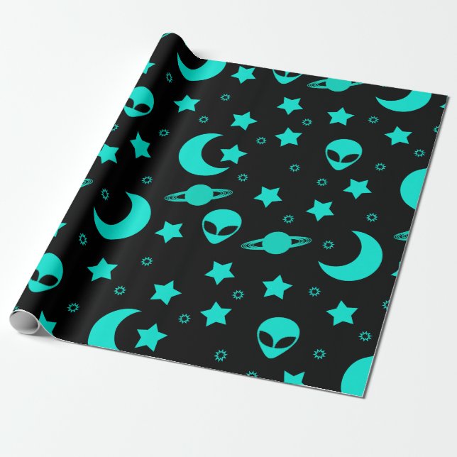 Papier Cadeau Motif Alien turquoise avec étoiles et lunes (Déroulé)