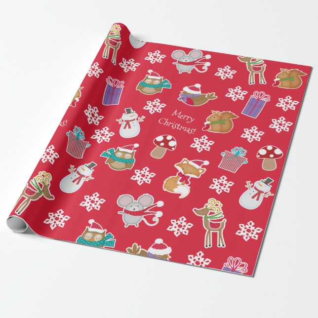 Papier Cadeau Motif animal de bois Rouge Joyeux Noël (Déroulé)