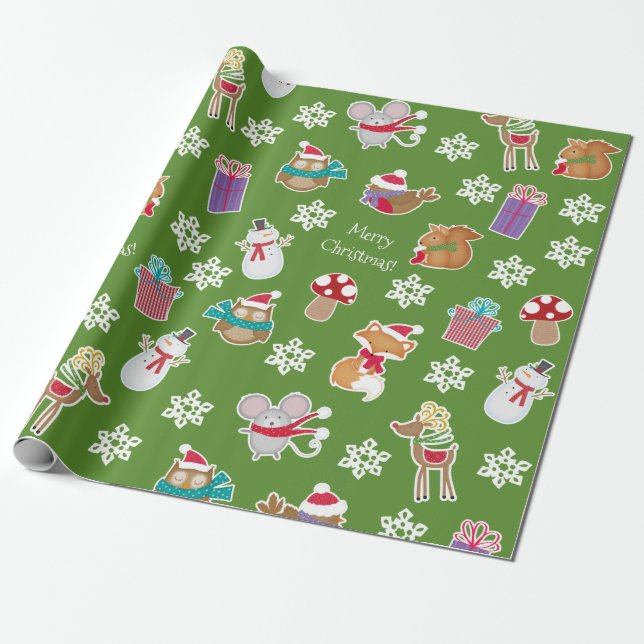 Papier Cadeau Motif animal de bois vert Joyeux Noël (Déroulé)