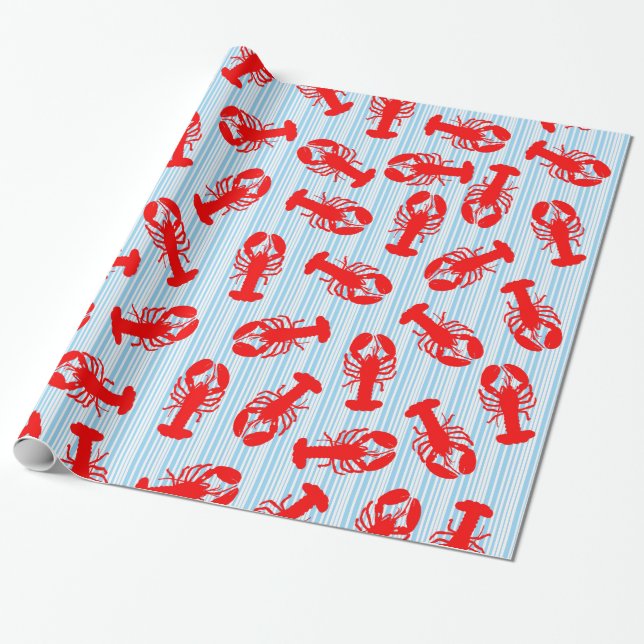 Papier Cadeau Motif animal de homard rouge sur les rayures (Déroulé)