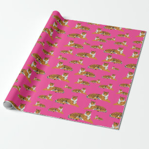 Papier Cadeau Motif animal du tigre de la jungle rose orange