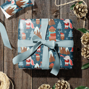 Papier Cadeau Motif animal mignon avec nom Noël bleu