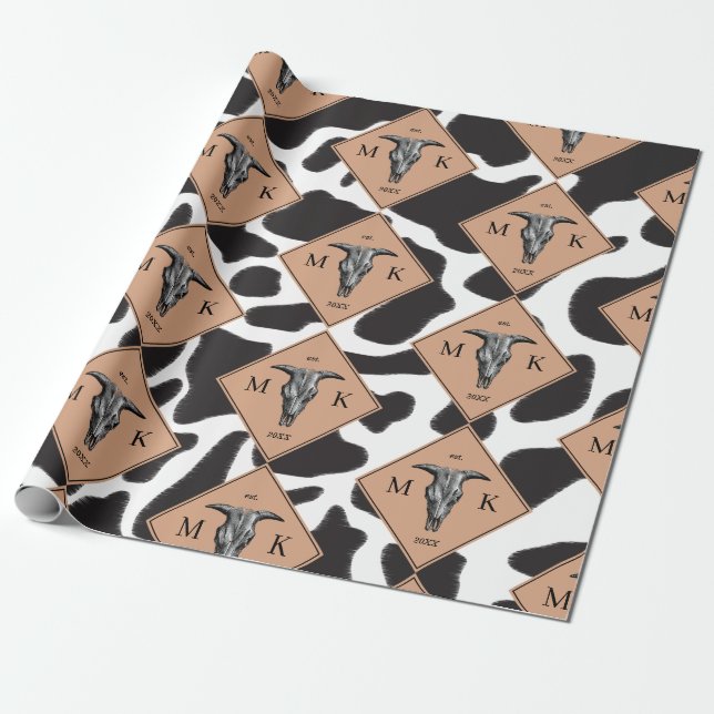 Papier Cadeau Motif animal noir et blanc Vache tache Monogramme (Déroulé)