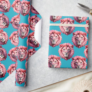 Papier Cadeau Motif animal tête de lion rose design bleu
