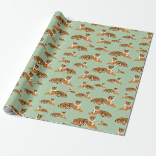 Papier Cadeau Motif animalier de tigre de jungle vert sauge oran