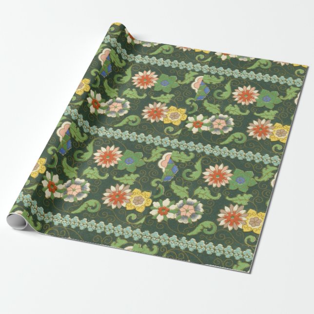 Papier Cadeau Motif antique cloisonné chinois : Vert Jade (Déroulé)