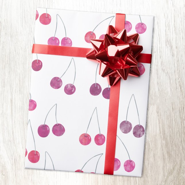 Papier Cadeau Motif aquarelle cerise (Watercolor cherries pattern gift wrapping paper roll)