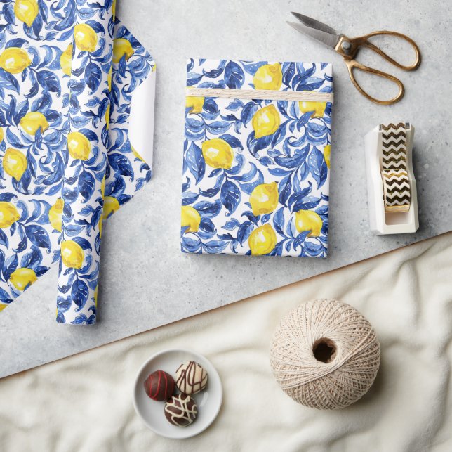 Papier Cadeau Motif Aquarelle Citron Bleu  (Artisanat)
