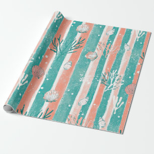 Papier Cadeau Motif aquarelle côtier à rayures de corail (6)
