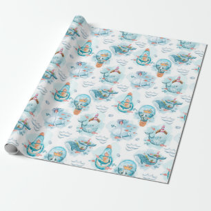 Papier Cadeau Motif aquarelle de baleines nautiques mignonnes