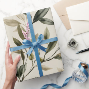 Papier Cadeau Motif aquarelle de branche d'olive beige olive dou