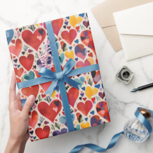 Papier Cadeau Motif aquarelle de coeurs d'amour de couleur artis
