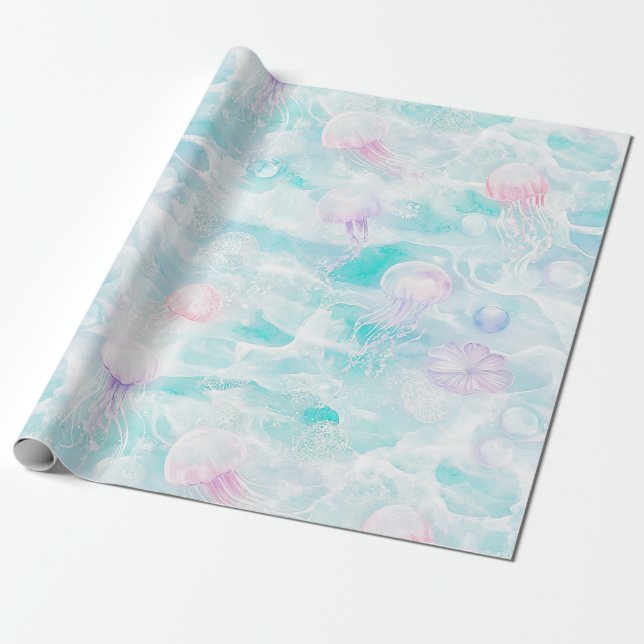 Papier Cadeau Motif aquarelle de méduses côtières (Déroulé)