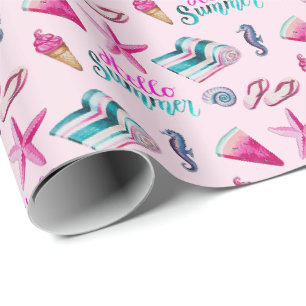 Papier Cadeau Motif aquarelle de plage estivale rose féminin