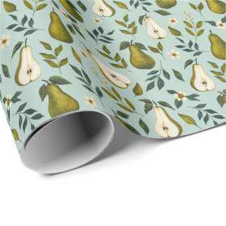 Papier Cadeau Motif aquarelle de poire verte sur bleu poussiéreu