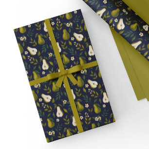 Papier Cadeau Motif aquarelle de poire verte sur fond bleu foncé