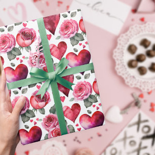 Papier Cadeau Motif aquarelle de rose rouge rose romantique et d