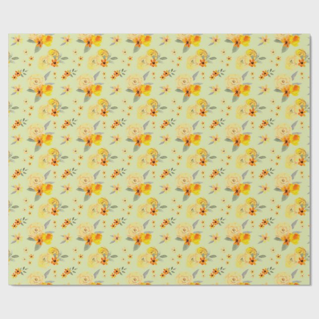 Papier Cadeau Motif aquarelle floral de rose jaune et citron (Plat)