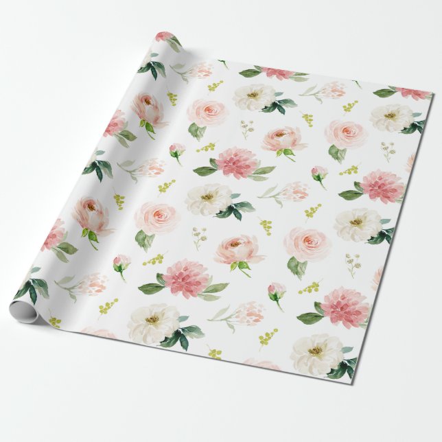 Papier Cadeau Motif aquarelle floral rose clair féminin (Déroulé)