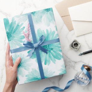 Papier Cadeau Motif aquarelle minimale de marguerite bleu menthe