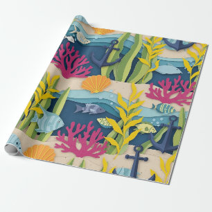 Papier Cadeau Motif aquarelle nautique rétro (10)