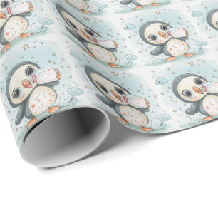 Papier Cadeau Motif aquarelle pastel de bébé macareux mignon 
