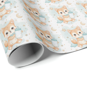 Papier Cadeau Motif aquarelle pastel de chiot Shiba Inu bébé 