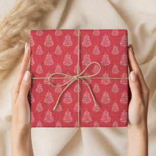 Papier Cadeau Motif Arbres de Noël Rouges Rustiques Vintage